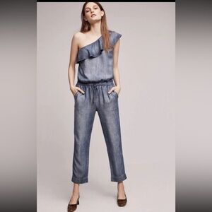 Anthropologie Miami Ruffled One Shoulder Jumpsuit Shaded Chambray Size Medium
